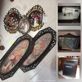 MaxSold Auction: This online auction features furniture, lamps, plants, electronics, theater seats, sewing machines, beverage machine, camping gear, art, clothing, jewelry, books, hot wheels, kitchenware, jersey, washer, dryer and much more